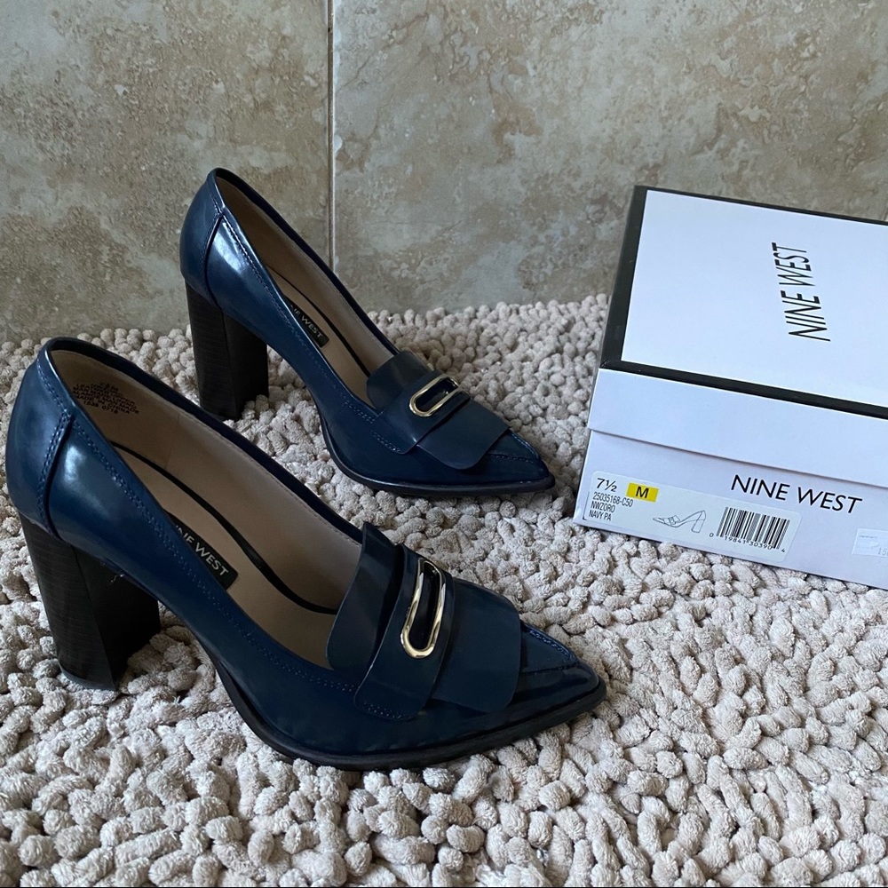 Navy blue stacked heel loafers